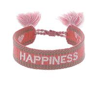Engelsrufer Bracciale da donna in poliestere e cotone rosso bianco con ricamo Happiness - Chiusura a cordoncino - Misura regolabile, 15,5-25 cm, Poliestere Lana, Nessuna pietra preziosa