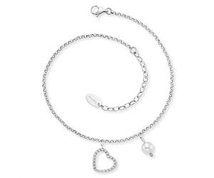 Engelsrufer Cavigliera da donna in argento sterling con ciondolo a forma di cuore e perla, chiusura a moschettone, regolabile in due lunghezze, senza nichel, dimensioni: 22 + 5 cm, 22+5cm, Argento