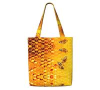 ENGhjes Bee On Honeycomb Poliestere Canvas Tote Bag Riutilizzabile Molle Della Borsa di Panno Della Spalla Per Spiaggia Viaggio Shopping