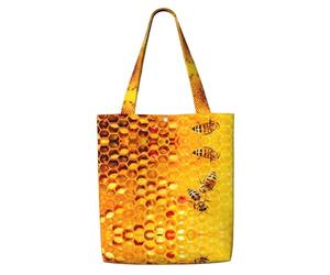 ENGhjes Bee On Honeycomb Poliestere Canvas Tote Bag Riutilizzabile Molle Della Borsa di Panno Della Spalla Per Spiaggia Viaggio Shopping