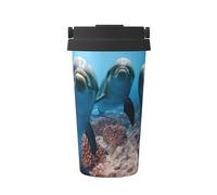 ENGhjes Divertente tazza da caffè da viaggio con stampa di delfino che guarda te per caffè caldo e freddo, in acciaio inox, per casa, ufficio, viaggi