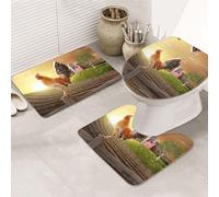 ENGhjes Set di tappeti da bagno antiscivolo con stampa gallo su legno nei terreni agricoli, tappeto per bagno principale, tappetini assorbenti morbidi dell'acqua, tappetini a tre forme