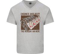 Engines & Birra Auto Hot Rod Meccanico Divertente Uomo Scollo A V Cotone T-Shirt