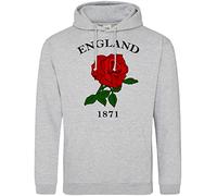 England 1871 Rugby Hoodie, regalo di compleanno inglese per gli appassionati di rugby inglese, Red Rose Tournament Outfit idea regalo, Nations Hoody per uomini donne e bambini, Grigio sportivo, L