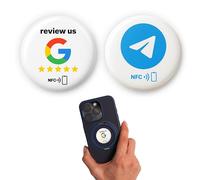 English Mix Set: 1 X NFC Sticker for Google Reviews + 1 X Telegram NFC Sticker - Self-Programmable, Reusable, 3M Adhesive - 3 cm Ø - Boost Engagement with One Tap