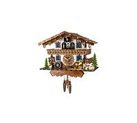 Engstler Orologio a cucù al quarzo Casetta tipo Foresta Nera con uomo che beve birra e ruota del mulino in movimento, con musica