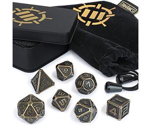 ENHANCE Set di Dadi in Metallo DnD - 7 Dadi Poliedrici in Lega di Zinco DnD con Custodia in Metallo e Borsa per Dadi con Coulisse Inclusi - Per Dungeons and Dragons, Pathfinder e Altro (Bronzo Antico)