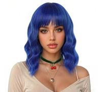 eNilecor Parrucca sintetica a caschetto ondulata corta colorata blu scuro con frangia ad aria, parrucca naturale da 35,6 cm, per feste, cosplay, divertimento, parrucche colorate da donna