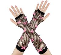 enithElite Guanti Lunghi Donna,Decorazioni Halloween,Guanti Senza Dita,Guanti Senza Dita Donna,Guanti Neri Lunghi,Guanti In Rete,Guanti Anni 80,Guanti A Rete Halloween,Fiocco Rosa Con Strass (1 Paio)