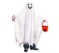 EnixwH Costumi Halloween Bambini e Borsa a Forma Di Zucca, Costume Da Fantasma Bianco per Bambini Mantello Halloween Festa Di Natale Cosplay Costume Vampiro Travestimento Da Strega