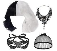 Eniyou Parrucca Crudelia Demon Mezza Nera e Mezza Bianca Donna Crudelia Parrucca Cruella Wig Adatto a Halloween Costume Cosplay Con 1 Collana 1 Rete per Parrucche 1 Maschera per Gli Occhi