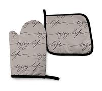 Enjoy Life Set di guanti da forno e presine con stampa di testo nero scritto a mano, cuscinetti caldi resistenti, guanti da forno da cucina per microonde, barbecue, cottura alla griglia, set di 2