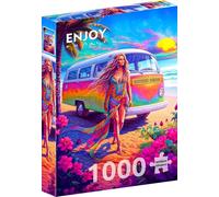 ENJOY Puzzle Donna hippie sulla spiaggia con illustrazione di van de paix, puzzle da 1000 pezzi per adulti, finitura opaca, morbida al tatto, facile da montare, vestibilità aderente, colori vivaci