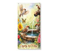 Enjoy the Day - Striscione decorativo per porta d'ingresso, con uccelli colorati e fiori, per interni ed esterni, per primavera e estate, 91 x 183 cm