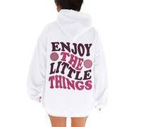 Enjoy The Little Things with Hood Hoodies for Women Comfort Casual Anime Pullover Maglioni Workou Lettera Trendy Loose Graphic Clothes Cute Ladies University Fashion Soft Loose Fit, bianco, XXL