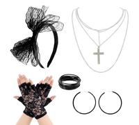 Enjoyaa Accessori per costume da donna anni '80, set da 5 pezzi con fascia in pizzo, guanti in pizzo, orecchini, collana e bracciali, set retrò per feste a tema anni '80, carnevale, Halloween