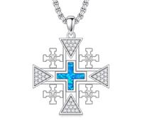 enjoylifecreative Collana con croce di Gerusalemme in argento Sterling 925 con opale blu, collana con ciondolo a forma di croce religiosa, gioiello cristiano, regalo per donne e uomini, 25mm, Argento