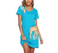 ENJOYNIGHT Camicia da notte da donna in cotone maglietta da notte a maniche corte stampa camicia da notte morbida abbigliamento da notte loungewear, Blua Giraffa, L-XL