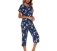 ENJOYNIGHT - Pigiama corto da donna, a manica corta, con pantaloni da notte 3/4, abbigliamento da notte in due pezzi, dalla taglia S alla 3XL, Stelle Blu Scuro, M