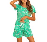 ENJOYNIGHT Pigiama corto da donna, in cotone, a maniche corte, in due pezzi, biancheria da notte estiva, Fenicottero verde, XL