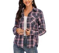 Enjoyoself 100% Cotone Donna Camicia a Quadri Flanella Blusa Casual Manica Lunga Capo Classico Shirts Tops