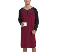 Enjoyoself Maglie Pigiama da Uomo in Cotone Maniche Lunghe Camicie da Notte per Primavera Autunno-Borgogna+Nero/XL