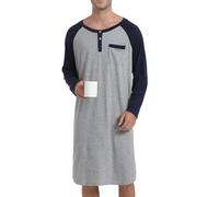 Enjoyoself Maglie Pigiama da Uomo in Cotone Maniche Lunghe Camicie da Notte per Primavera Autunno-Grigio+Blu Marino/XXL