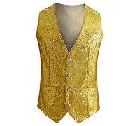 ENKETASU Gilet da uomo con paillettes con scollo a V, con paillettes luccicanti, abito da festa, slim fit, gilet da uomo, tinta unita, glitter per feste, discoteca, balli di fine anno, O giallo, M