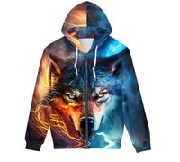 ENLACHIC Felpa con cappuccio da uomo con stampa 3D con lupo galassia con cerniera e tasche, Lupo fulmine giallo blu, XXX-Large