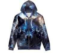 ENLACHIC Felpa con cappuccio da uomo e donna, con cerniera e stampa 3D, a maniche lunghe, con coulisse, Lupo Galassia, Small