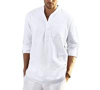 Enlision Camicia Lino Uomo Bianca Estate Elegante Casual Maniche Lunghe Henley Shirt con Scollo A V Camicie con Bottoni Spiaggia T Shirt L