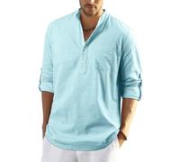 Enlision Camicia Lino Uomo Blu Acqua Estate Elegante Casual Maniche Lunghe Henley Shirt con Scollo A V Camicie con Bottoni Spiaggia T Shirt L