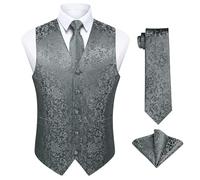 Enlision Gilet da Uomo Elegante Paisley Jacquard Gilet Grigio da Abito Cravatta e Fazzoletto Set per Festa Sposa