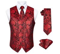 Enlision Gilet da Uomo Elegante Paisley Jacquard Gilet Rosso da Abito Cravatta e Fazzoletto Set per Festa Sposa