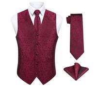 Enlision Gilet da Uomo Elegante Paisley Jacquard Gilet Rosso da Abito Cravatta e Fazzoletto Set per Festa Sposa