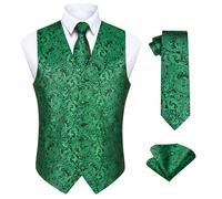Enlision Gilet da Uomo Elegante Paisley Jacquard Gilet Verde da Abito Cravatta e Fazzoletto Set per Festa Sposa