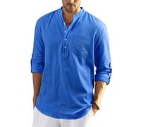 Enlision Maglietta Camicia da Uomo Estivo Camicia in Cotone Lino a Elegante Maniche Lunghe con Bottoni Casual Hawaii Slim Fit Camicia da Spiaggia Blu 5XL