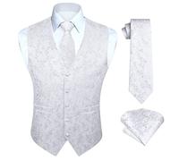 Enlision Men's Waistcoat Paisley Floral Waistcoat Vest,Tie And Pocket Square Handkerchief Vest Suit Set for Wedding Party Working Bianco Waistcoat L