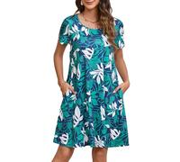 Enmain Abito Estivo Donna a Maniche Corte T-Shirt Vestiti con Tasche Casual Boho Lunghezza al Ginocchio Abito Donna, Foglia Bianca-Blu Navy, S