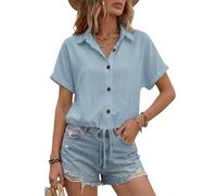 Enmain Camicia Lino Donna Azzurra Estiva Manica Corta Camicetta Corta Scollo a V in Cotone Bluse Casual Leggera con Lacci Elegante Camicie Blu Donna per Estate Spiaggia S