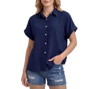 Enmain Camicia Lino Donna Manica Corta Estiva Camicetta Bluse Donna in Lino Cotone Scollo a V Leggera Casual Elegante a Bottoni Tasca Tinta Unita per Estate Spiaggia Lavoro Blu Navy XL