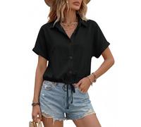 Enmain Camicia Lino Donna Nera Estiva Manica Corta Camicetta Corta Scollo a V in Cotone Bluse Casual Leggera con Lacci Elegante Camicie Donna per Estate Spiaggia XL
