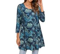 Enmain Maglia Tunica Donna Manica Lunga Maglietta a Maniche Lunghe 3/4 Taglie Forti Blusa Scollo Tondo Floreale Balena Stampata Camicia Blu XL