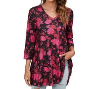 Enmain Maglietta a Maniche Lunghe con V da Donna Tunica Donna Manica Lunga 3/4 Taglie Larga Floreale Longline Camicia per Leggings Elegante Comfort Noire&Rouge, XL
