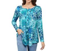 Enmain Tunica Casual da Donna Top Floreale Manica Lunga Pieghettato da Donna Top Altalena Camicetta Allentata Bottoni Up Scollo a V Tunica T Shirt Taglie Forti,Blu/Floreale,2XL