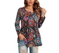 Enmain Tunica Casual da Donna Top Floreale Manica Lunga Pieghettato da Donna Top Altalena Camicetta Allentata Bottoni Up Scollo a V Tunica T Shirt Taglie Forti per Donna Nero XXL