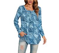 Enmain Tunica Casual da Donna Top Floreale Manica Lunga Pieghettato da Donna Top Altalena Camicetta Allentata Bottoni Up Scollo a V Tunica T Shirt Taglie Forti per Donna Azzurro 3XL