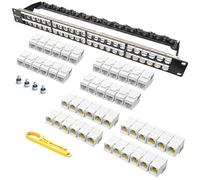 Enmane Pannello patch a 48 porte Cat6 Keystone Jack Ethernet angolato a 90° Punch Down per montaggio su rack 1U 19" Pannello patch di rete con barra di supporto per cavi