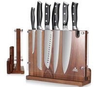 ENOKING Grande Ceppo Coltelli da Cucina, Porta Coltelli Cucina Doppio Lato Magnetico con Schermo Acrilico, Ceppo Coltelli Vuoto con Affilacoltelli, Portacoltelli da Cucina Magnetico in Legno di Acacia