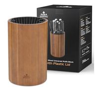 Enoking Portacoltelli universale con coperchio in plastica, ceppo portacoltelli in legno di acacia senza coltelli per forbici, asta per affilare e coltelli, organizer rotondo per coltelli